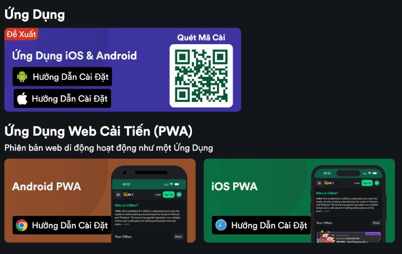 Các phiên bản ứng dụng V9BET hiện có